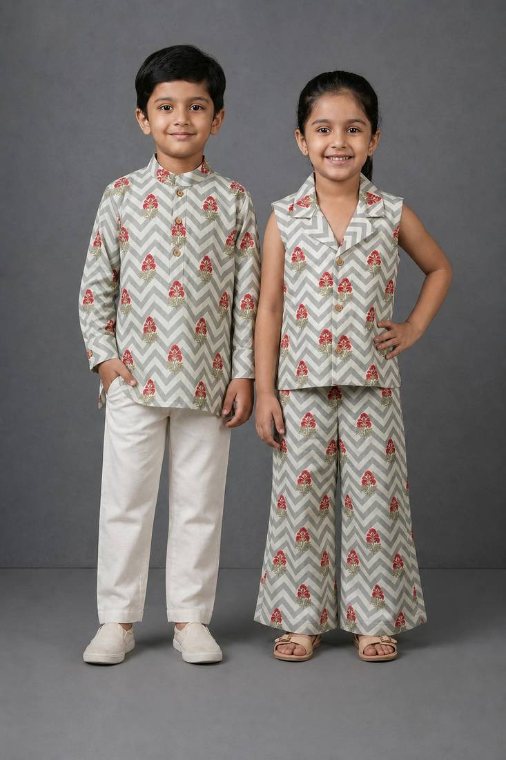 Off white & grey printed cotton silk co-ord set & kurta pant brother sister matching combo