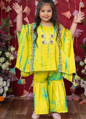 Yellow embroidered chanderi silk & satin sharara set & kurta pant brother sister matching combo 2