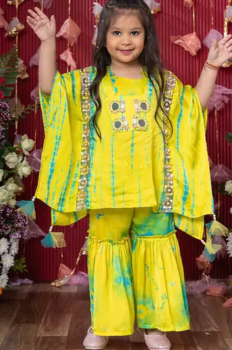 Yellow embroidered chanderi silk & satin sharara set & kurta pant brother sister matching combo