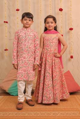Pink printed cotton anarkali set & kurta pyjama brother sister matching combo 1