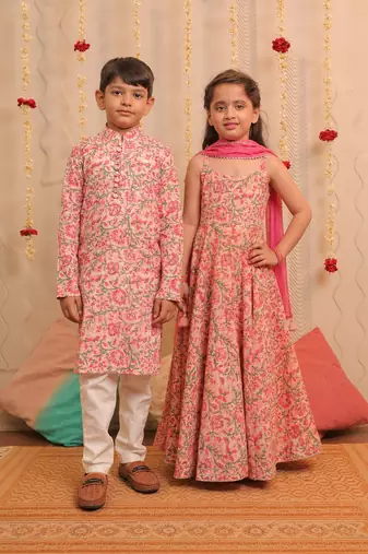 Pink printed cotton anarkali set & kurta pyjama brother sister matching combo
