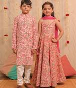Pink printed cotton anarkali set & kurta pyjama brother sister matching combo
