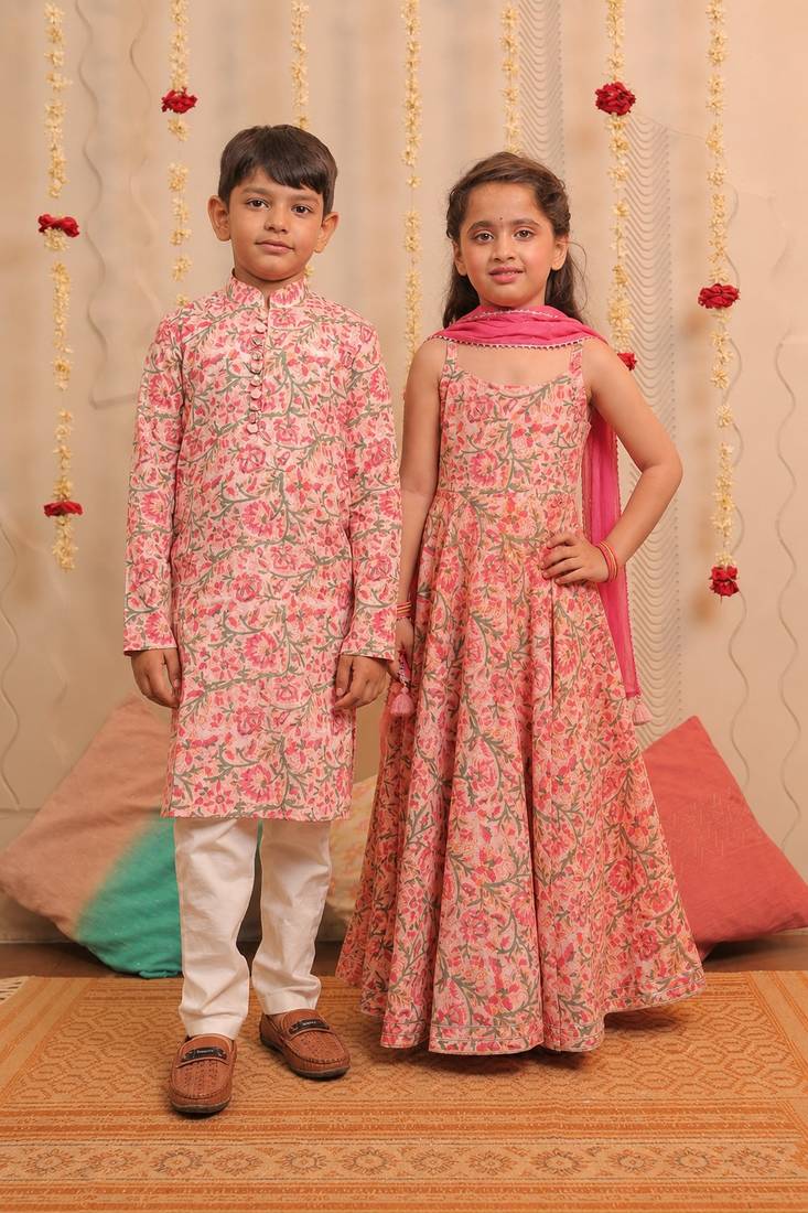 Pink printed cotton anarkali set & kurta pyjama brother sister matching combo