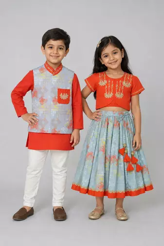 Orange embroidered cotton silk lehenga choli & kurta jacket brother sister matching combo