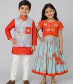 Orange embroidered cotton silk lehenga choli & kurta jacket brother sister matching combo