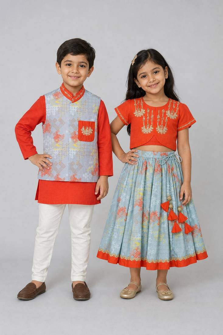 Orange embroidered cotton silk lehenga choli & kurta jacket brother sister matching combo