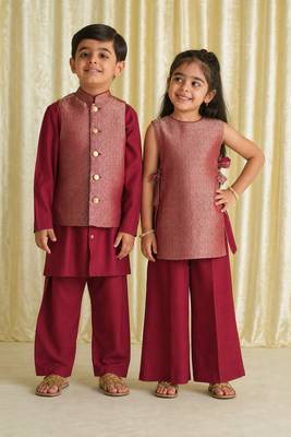 Maroon embroidered brocade co-ord set & kurta jacket brother sister matching combo 1