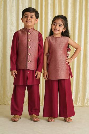 Maroon embroidered brocade co-ord set & kurta jacket brother sister matching combo