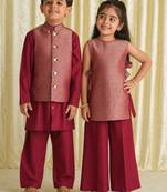 Maroon embroidered brocade co-ord set & kurta jacket brother sister matching combo