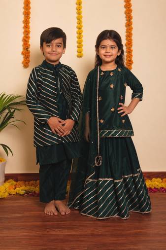 Green mimosa handwoven cotton lehenga choli & kurta jacket brother sister matching combo