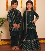 Green mimosa handwoven cotton lehenga choli & kurta jacket brother sister matching combo