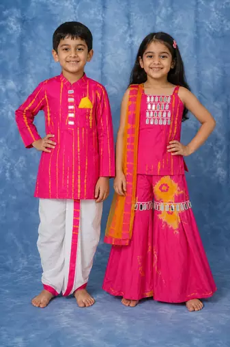 Pink embroidered satin sharara set & dhoti kurta brother sister matching combo