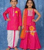 Pink embroidered satin sharara set & dhoti kurta brother sister matching combo