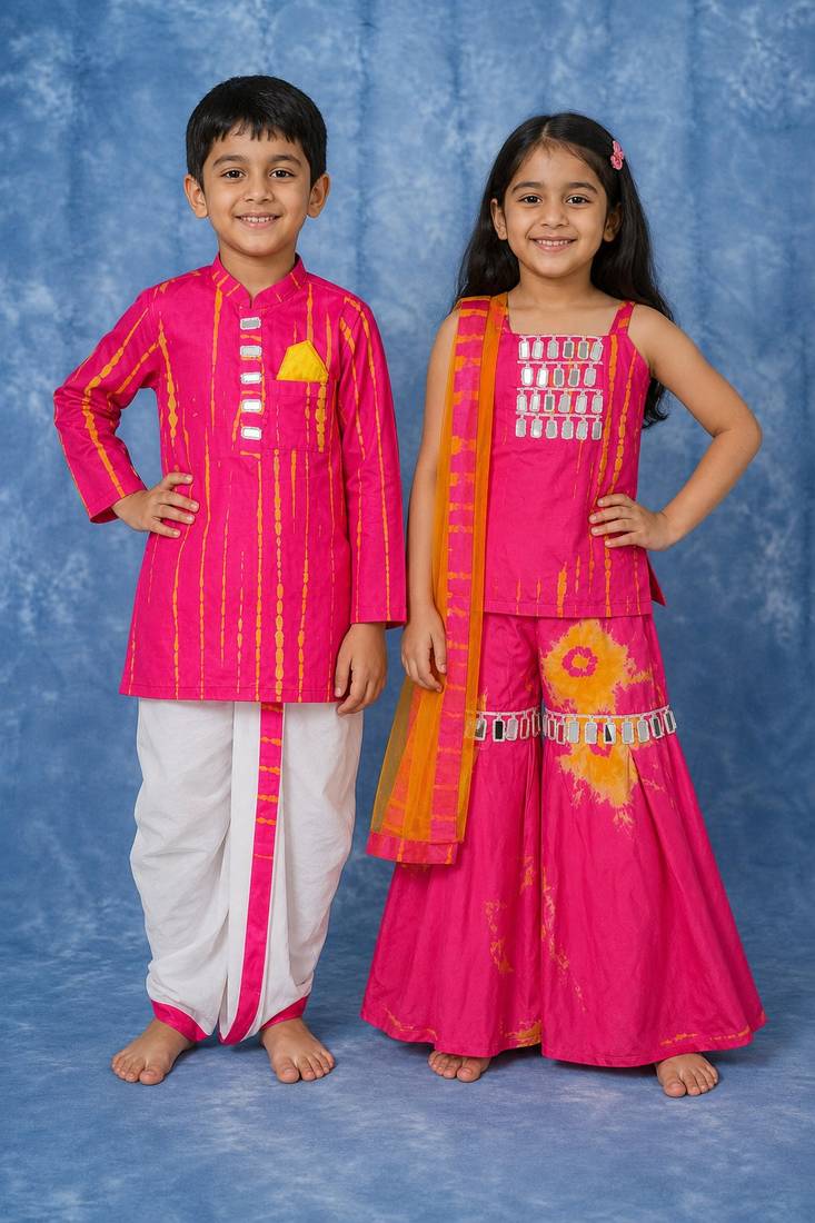 Pink embroidered satin sharara set & dhoti kurta brother sister matching combo