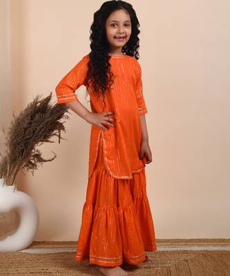 Orange woven cotton sharara set & kurta pant brother sister matching combo 2