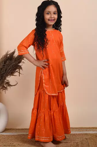 Orange woven cotton sharara set & kurta pant brother sister matching combo
