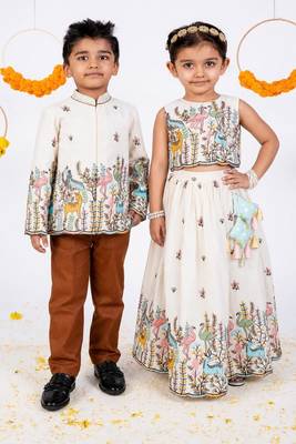 White printed cotton lehenga choli & bandhgala brother sister matching combo 1