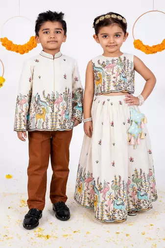 White printed cotton lehenga choli & bandhgala brother sister matching combo