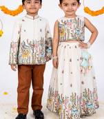 White printed cotton lehenga choli & bandhgala brother sister matching combo