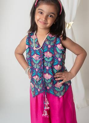 Pink & blue handwoven cotton sharara set & bandhgala brother sister matching combo 2