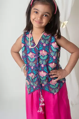 Pink & blue handwoven cotton sharara set & bandhgala brother sister matching combo