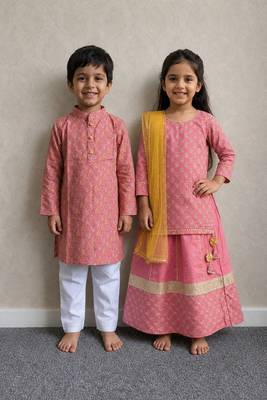 Rose pink & peach pink printed cotton lehenga choli & kurta pyjama brother sister matching combo 1