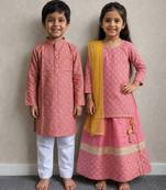 Rose pink & peach pink printed cotton lehenga choli & kurta pyjama brother sister matching combo
