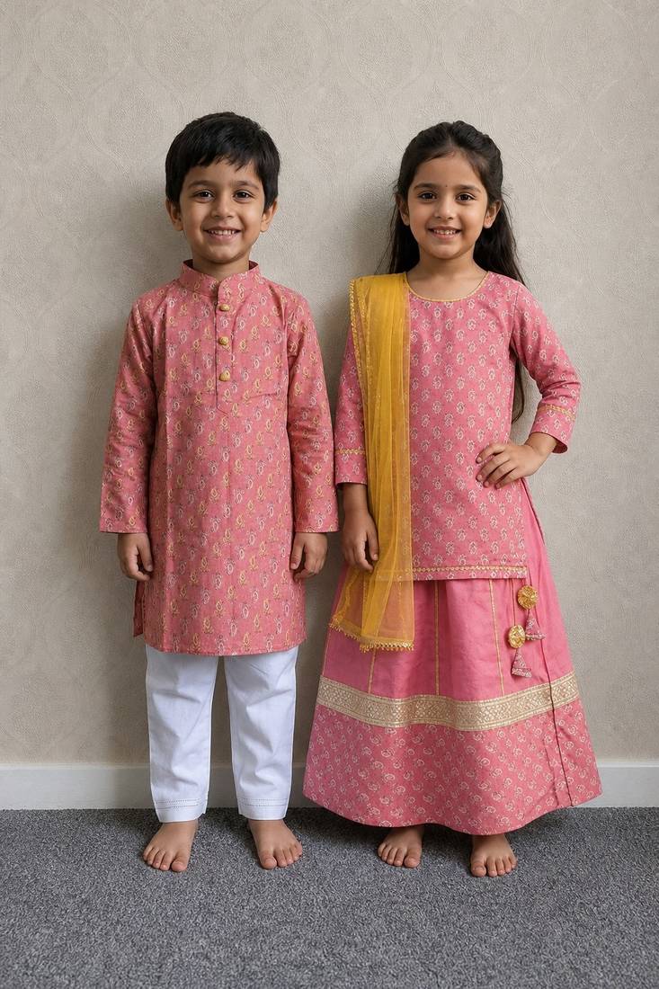 Rose pink & peach pink printed cotton lehenga choli & kurta pyjama brother sister matching combo
