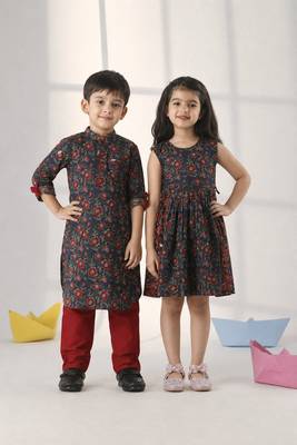 Rust & navy blue printed cotton dress & kurta pyjama brother sister matching combo 1