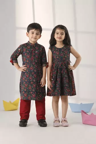 Rust & navy blue printed cotton dress & kurta pyjama brother sister matching combo