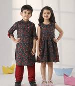 Rust & navy blue printed cotton dress & kurta pyjama brother sister matching combo