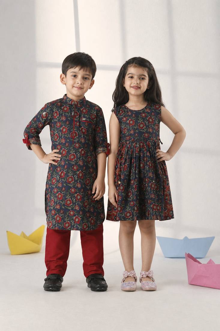 Rust & navy blue printed cotton dress & kurta pyjama brother sister matching combo