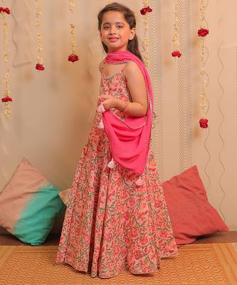 Pink printed cotton anarkali set & kurta pyjama brother sister matching combo 2
