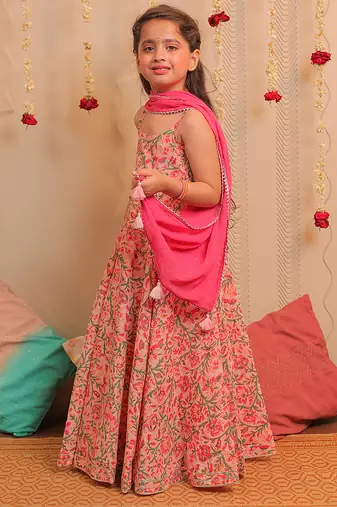 Pink printed cotton anarkali set & kurta pyjama brother sister matching combo
