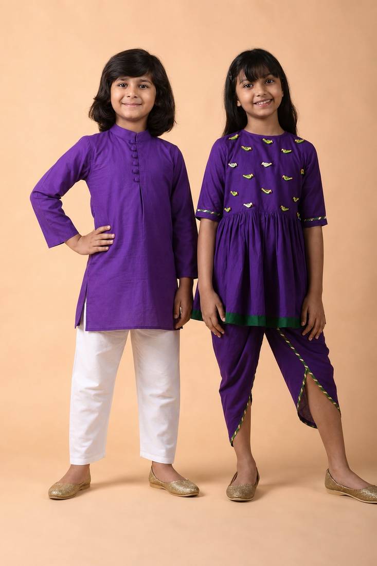 Violet woven cotton kurta set & kurta pant brother sister matching combo