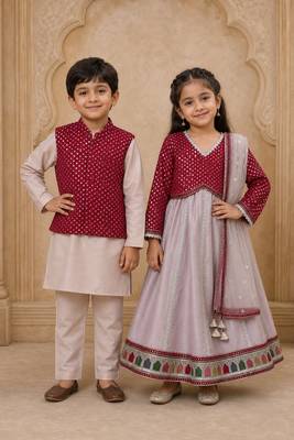 Maroon & grey embroidered chanderi silk lehenga choli & kurta jacket brother sister matching combo 1