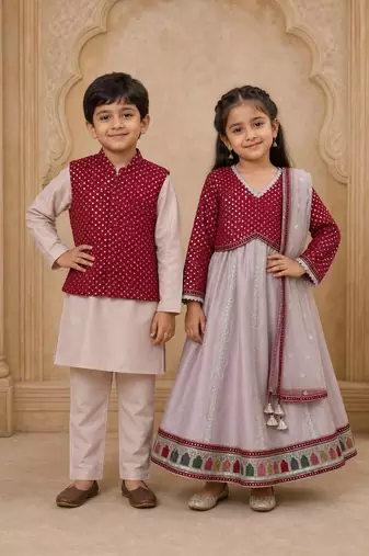 Maroon & grey embroidered chanderi silk lehenga choli & kurta jacket brother sister matching combo