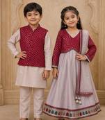 Maroon & grey embroidered chanderi silk lehenga choli & kurta jacket brother sister matching combo