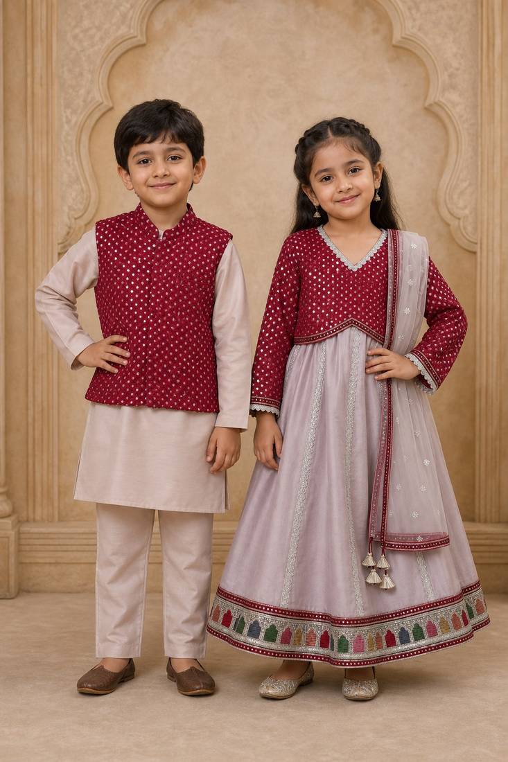 Maroon & grey embroidered chanderi silk lehenga choli & kurta jacket brother sister matching combo