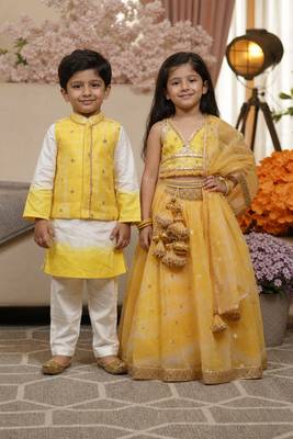 Yellow printed & embroidered organza lehenga choli & kurta jacket brother sister matching combo 1