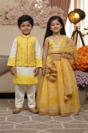 Yellow printed & embroidered organza lehenga choli & kurta jacket brother sister matching combo