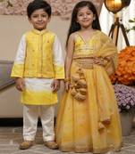 Yellow printed & embroidered organza lehenga choli & kurta jacket brother sister matching combo
