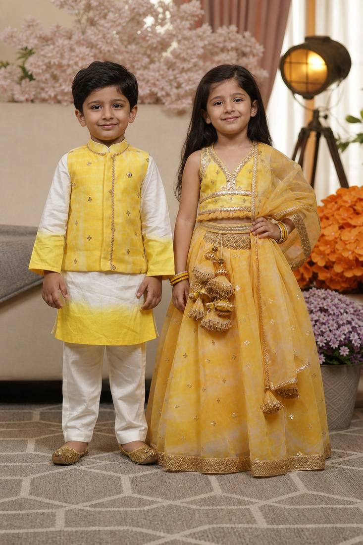 Yellow printed & embroidered organza lehenga choli & kurta jacket brother sister matching combo