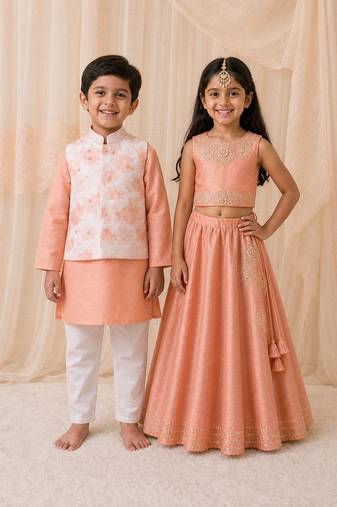 Peach embroidered & printed cotton lehenga choli & kurta jacket brother sister matching combo