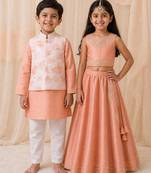Peach embroidered & printed cotton lehenga choli & kurta jacket brother sister matching combo