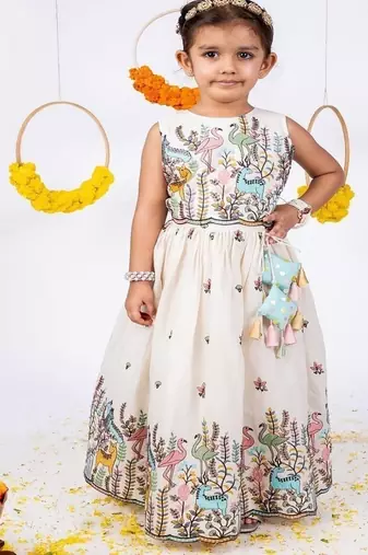 White printed cotton lehenga choli & bandhgala brother sister matching combo