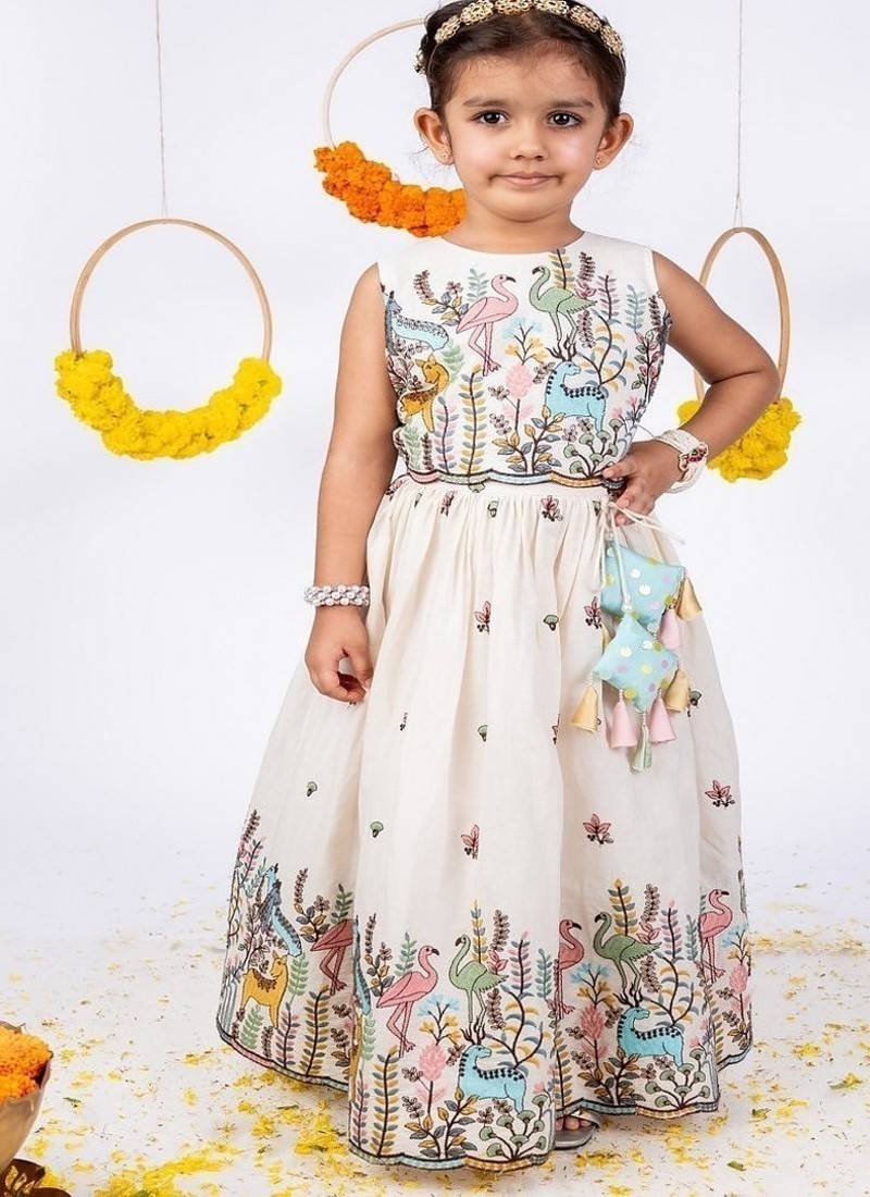 White printed cotton lehenga choli & bandhgala brother sister matching combo