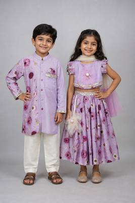 Light purple embroidered cotton silk lehenga choli & kurta pyjama brother sister matching combo 1