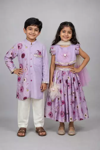 Light purple embroidered cotton silk lehenga choli & kurta pyjama brother sister matching combo