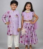 Light purple embroidered cotton silk lehenga choli & kurta pyjama brother sister matching combo
